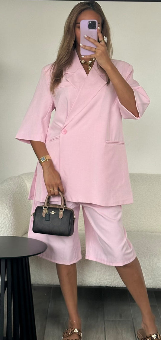 Ensemble Bermuda demi manche rose